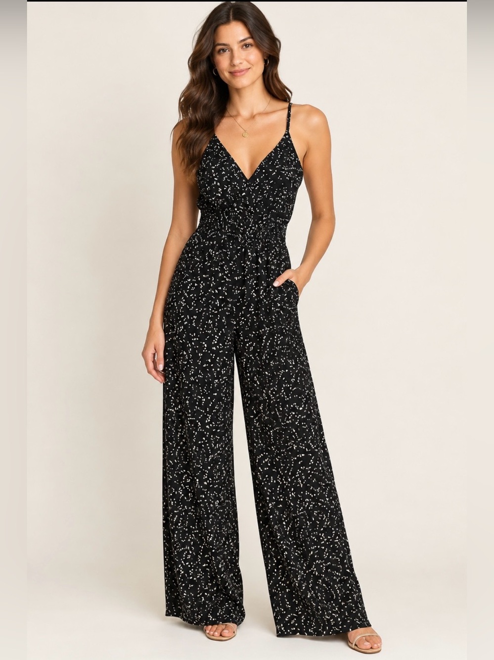 KaiLeigh Black Abstract Print Wide Leg Jumpsuit Size S EUC